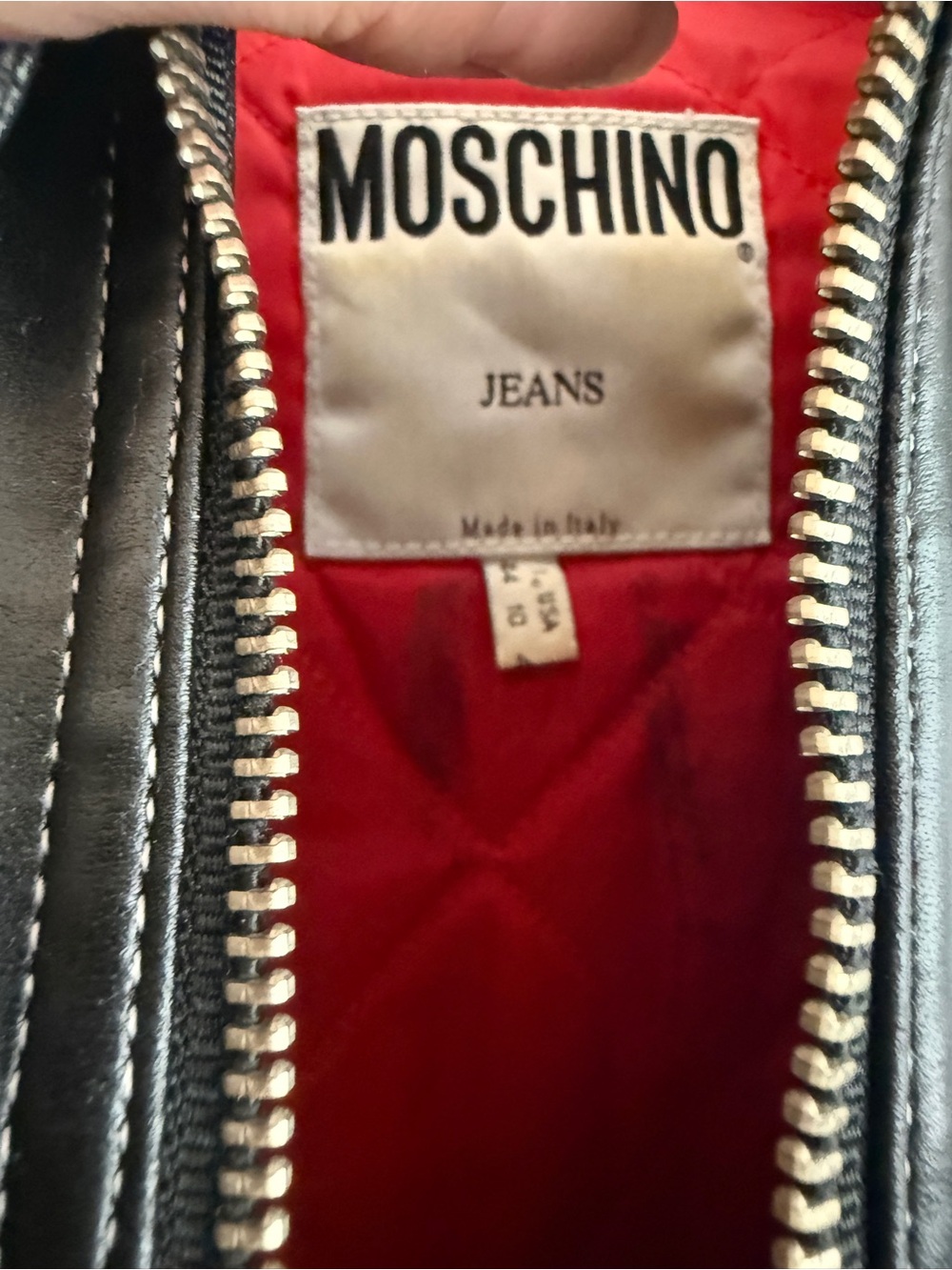 Moschino Black Faux Leather Jacket and Skirt with Red Lining and Silver Zippers - Picture 2 of 5